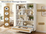 White Rattan Drawer Bookcase 8 Open Cubbies, Freestanding Engineered Wood Storage Display Shelf 16893982