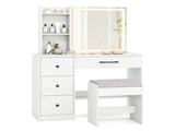 White Vanity Desk and Stool Set with Sliding Mirror & 3-Mode LED Light Strip, Anti-Toppling Dressing 57857902
