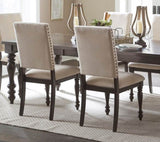 ZNTS Fabric Upholstery Side Chairs 2pc Set Grayish Brown Finish Wood Frame Nailhead Trim Turned Legs B01149969