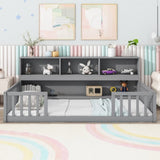 Twin Floor Bed with Bedside Bookcase,Shelves,Guardrails,Grey W504142770