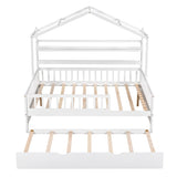 Wooden Full Size House Bed with Twin Size Trundle,Kids Bed with Shelf, White WF301683AAK