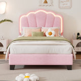 Twin Size Upholstered Flower-Shape Bed, Elegant Flowers Headboard with LED Light Strip ,Sherpa N733P177307H
