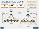 Black Wagon Wheel Chandelier 34.25Inch Modern Farmhouse Glass Pendant Light 12-Light Ceiling Hanging W5008P468521