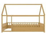 Full Size Floor Wooden Bed with House Roof Frame, Fence Guardrails W1858P310085