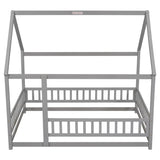 ZNTS Full Size Floor Wooden Bed with House Roof Frame, Fence Guardrails ,Grey 34864864