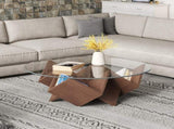 The Round Coffee Table with Glass Top and Geometric Abstract Art Deco Base Storage Shelves, Walnut, N735P350383D