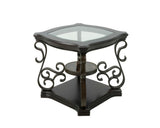 End table, Glass table top, MDF W/marble paper middle shelf, powder coat finish metal legs. W48720761