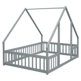 ZNTS Full Wood House-Shaped Floor Bed with Fence, Guardrails,Grey W504P143293