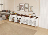 Vintage Sideboard Buffet Cabinet with Hand-Carved Geometric Doors, Distressed Light Wood Finish with W688P360028