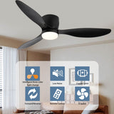 52" Smart Flush Mount black Ceiling Fans with Lights Remote,Quiet DC Motor,Outdoor Indoor Low W2352P316049