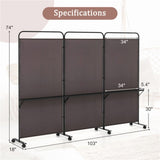 3-Panel Folding Divider with Lockable Wheels and 3 Metal Shelves Brown 47056717