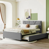 Full Size Upholstered Platform Bed with Brick Pattern Headboard and Twin Size Trundle, Linen Fabric, 49640107