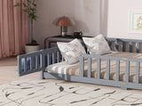 Queen Size Floor Bed with Fence,Door,Rubber Wood Floor Bed with Safety Guardrails,Grey W504P286386