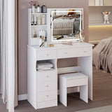 37" Middle Size Left Drawer Desktop Vanity Table Cushioned Stool, Large Sliding, Touch Control, W3258P293192