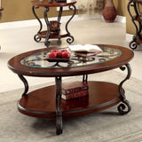 ZNTS Traditional Style Brown Cherry 1pc COFFEE TABLE Open Bottom Shelf Ornate Design Glass Top Living B011P203063