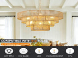 64.97" Tiered Glass Chandelier, 6-Light B12 Socket Pendant Light, Gold Metal Frame, Adjustable W6558P574496