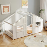 Twin-Size Kids House White Floor Bed- 82"x42"x51" Size, LED Light Strip for Cozy 73789275