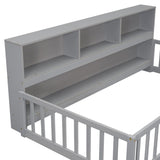 Twin Floor Bed with Bedside Bookcase,Shelves,Guardrails,Grey W504142770