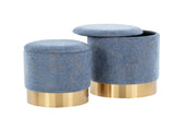 Contemporary Nesting Ottoman Set in Gold Metal and Blue Fabric B202P223731