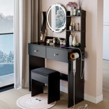 17" Round LED Mirror Vanity TableCushioned Stool, Equipped With 2 AC2 USB Power Socket, Big W3258P311349