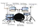 Full Size Adult Drum Set 5-Piece Blue with Bass Drum, two Tom Drum, Snare Drum, Floor Tom, 16" Ride 08283789