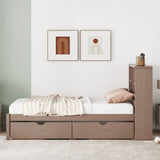 ZNTS Modern Twin Size Bed Frame With Built-in USB Port on Bookcase Headboard and 2 Drawers for Walnut 68014174