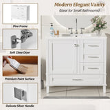 36" White Bathroom Vanity with Solid Pine Frame, 1 Soft Close Door and 3 Drawers , Modern Storage N729P211167K