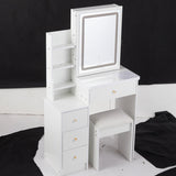 Small Size Left Bedside Cabinet Vanity Table Cushioned Stool, Touch Control Sliding LED Mirror, W936P226033