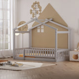 Twin Size Wood Bed House Bed Frame with Fence, for Kids, Teens, Girls, Boys, Gray WF302176AAE