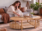 37.8" Oval Coffee Table with 2-Tier Rope Woven Storage Shelf, Melamine MDF Tabletop & Metal Frame, 09681273