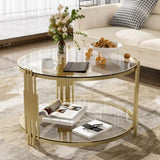 Modern Glass Coffee Table in 31.5", Asymmetrical Metal, Circular Metal Drum Base, Gold Finish & N735P177478K
