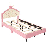 ZNTS Twin Size Lovely Crown Fantasy PU Leather Princess Bed with Tufted Headboard, Pink+Cream N733P198760H