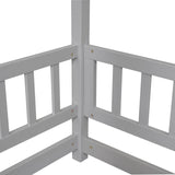 ZNTS Full Size Floor Wooden Bed with House Roof Frame, Fence Guardrails ,Grey 34864864