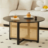 Mid-century wooden coffee table with PE cane stand, 31.5-inch round solid wood Bohemian style coffee W2720P237624