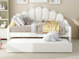 Full Size Upholstery Daybed Frame with Shall Shaped Backrest and Trundle,White 05415103