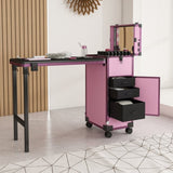 Portable Nail Art Table w/ LED Mirror, Bluetooth, Lockable Drawers, Telescopic Pole - Folding W2700P303416