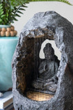 ZNTS 8.3x5.9x13.6" Decorative Gray Tabletop Water Fountain with Sitting Buddha and LED Light, for Indoor W2078138938