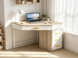 Triangle Corner Desk with 3 Drawers, Space-Saving Computer Desk & Makeup Vanity, Compact L-Shape 27170993