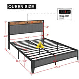 ZNTS Queen Size Bed Frame with Charging Station, Upholstered Headboard, Metal Platform, Grey W1960131346