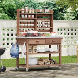 K&K 64.9"H Outdoor Potting Bench Table with Lockable Wheels, Solid Wood Outdoor Kitchen Island with N707P228274Z