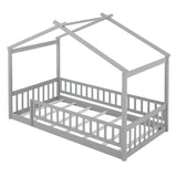 Twin Size Wood Bed House Bed Frame with Fence, for Kids, Teens, Girls, Boys, Gray WF302176AAE