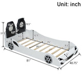 Wood Twin Size Race Car-Shaped Platform Bed with LED and Upholstered Backrest, White 28964519