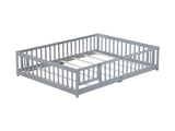 Queen Size Floor Bed with Fence,Door,Rubber Wood Floor Bed with Safety Guardrails,Grey W504P286386