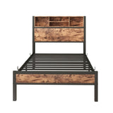 Twin Size Bed Frame with Storage Headboard, Metal Platform Bed with Charging Station, Bookcase 04195824