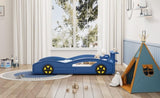 ZNTS Wooden Race Car Bed,Car-Shaped Platform Twin Bed with Wheels For Teens,Blue & Yellow WF310553AAC