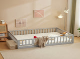 Gray painted pine wood playpen bed with door and board, full-size children's wooden bed 45176217