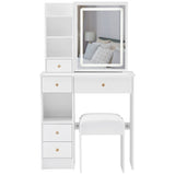Small Size Left Drawer Desktop Vanity Table Cushioned Stool, Touch Control Sliding LED Mirror, W936P202317