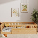 ZNTS Twin Floor Bed Frame with Fence, Wood Kids Floor Beds Frame for Bedroom Playroom,Natural W2593P164749