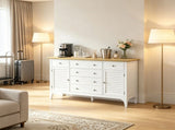 White Adjustable Shelves Sideboard Buffet Cabinet with Storage Drawers, Rubber Wood Top Coffee Bar 77054892