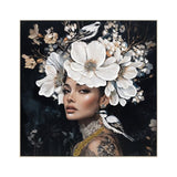 Floral Woman Canvas Wall Art Black and White Bird Tattoo Portrait Modern Aesthetic Artwork for W3374P322231
